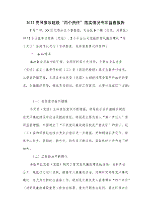 2022党风廉政建设“两个责任”落实情况专项督查报告.docx