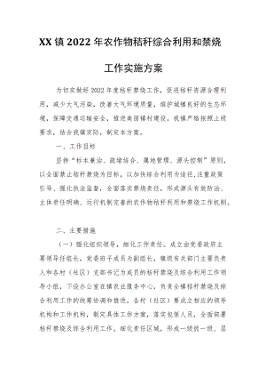 XX镇2022年农作物秸秆综合利用和禁烧工作实施方案.docx