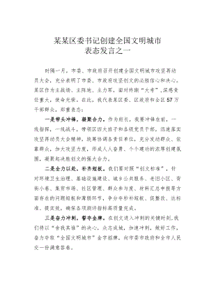 某某区委书记创建全国文明城市表态发言之一.docx