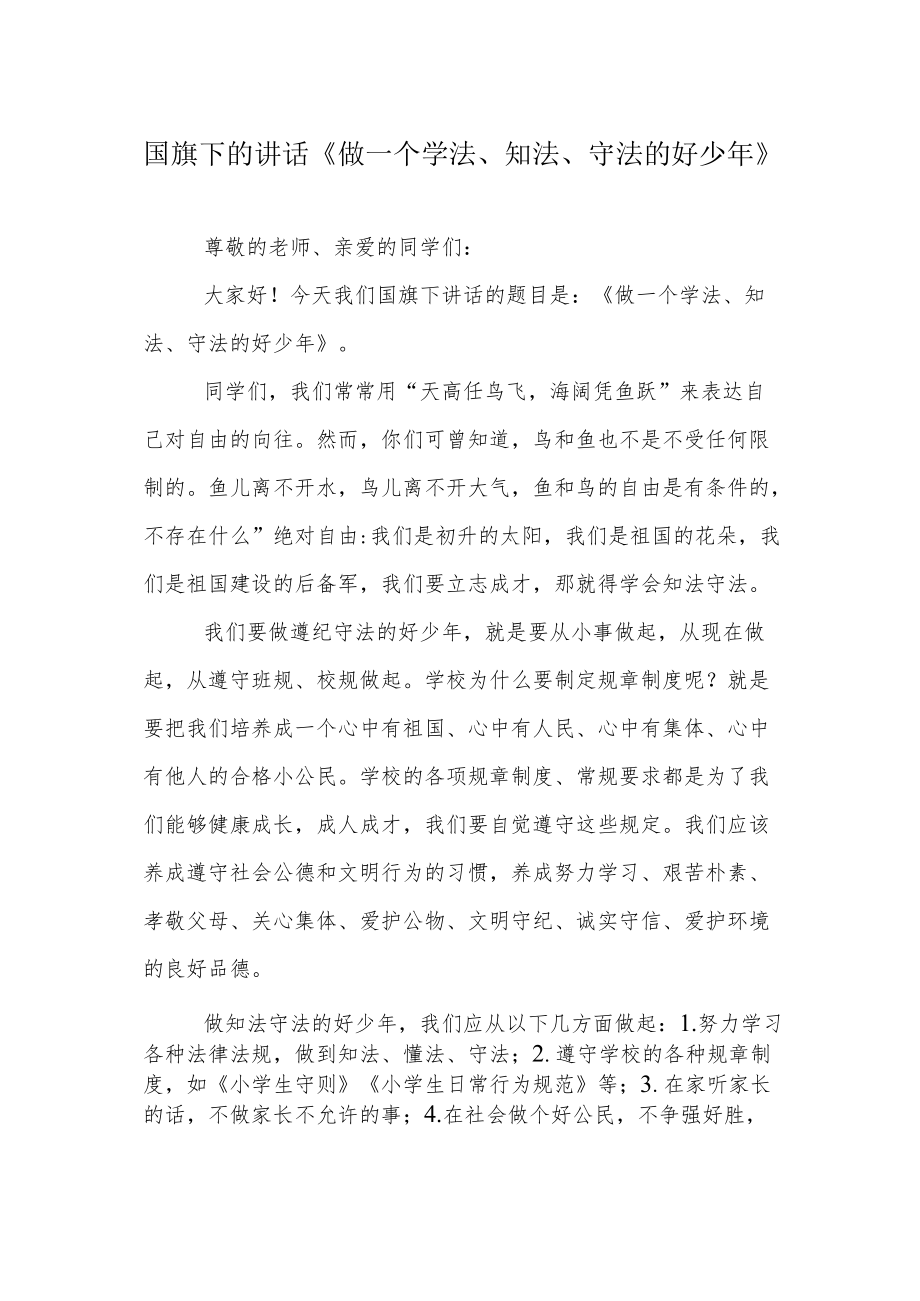 国旗下的讲话《做一个学法、知法、守法的好少年》.docx_第1页