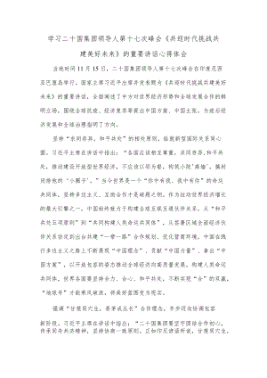 学习二十国集团领导人第十七次峰会《共迎时代挑战 共建美好未来》的重要讲话心得体会.docx