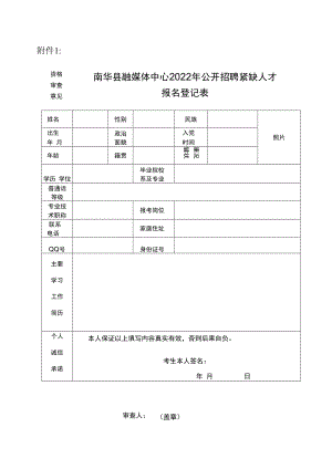 附件南华县融媒体中心2022年公开招聘紧缺人才报名登记表docx.docx
