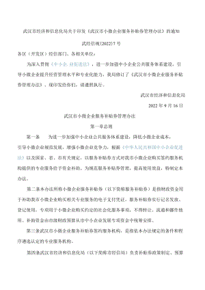武汉市经济和信息化局关于印发《武汉市小微企业服务补贴券管理办法》的通知(.docx