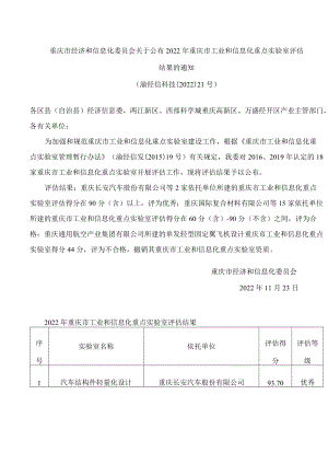 重庆市经济和信息化委员会关于公布2022年重庆市工业和信息化重点实验室评估结果的通知.docx