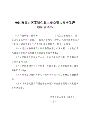 长沙市天心区工贸企业主要负责人安全生产履职承诺书.docx
