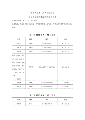 西南大学第八届田径运动会电子信息工程学院教职工秩序册.docx