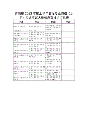 青岛市2022年度上半年翻译专业资格水平考试应试人员信息审核点汇总表.docx