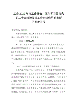 工会2022年度工作报告：深入学习贯彻党的二十大精神 发挥工会组织作用 助推新区开发开放.docx