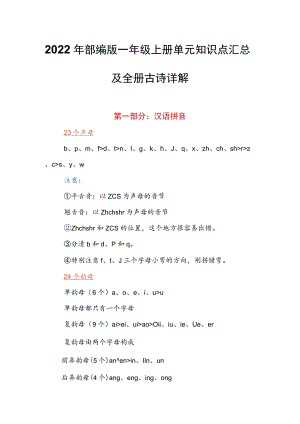 2022年部编版一年级上册单元知识点汇总及全册古诗详解.docx