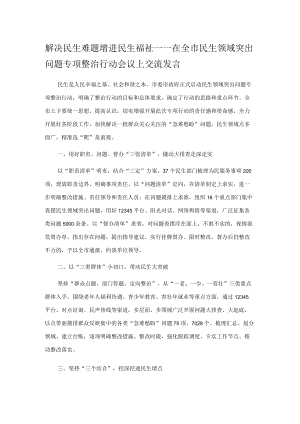 解决民生难题 增进民生福祉——在全市民生领域突出问题专项整治行动会议上交流发言.docx