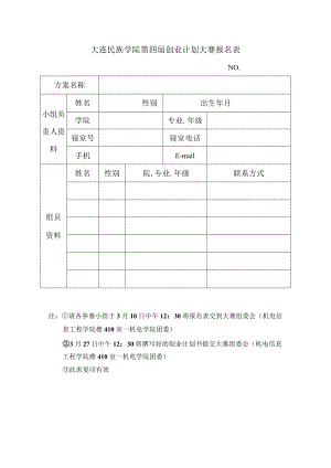 大连民族学院第四届创业计划大赛报名表.docx