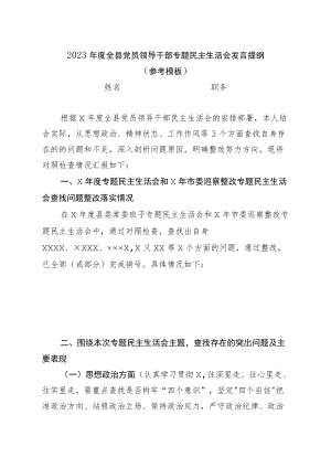 2023年度全县党员领导干部专题民主生活会发言提纲( 参考模板 ).docx