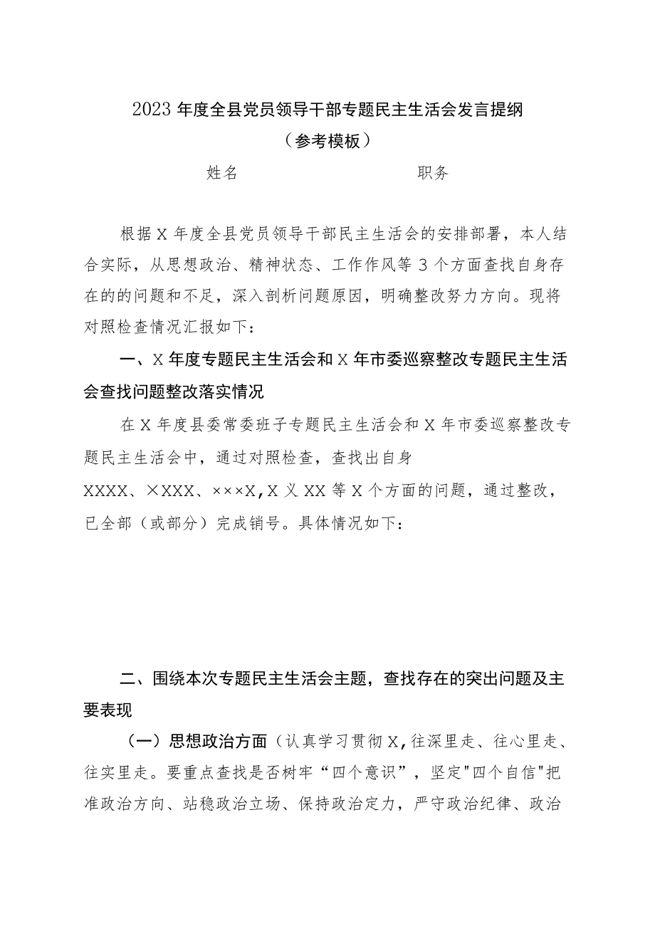 2023年度全县党员领导干部专题民主生活会发言提纲( 参考模板 ).docx_第1页