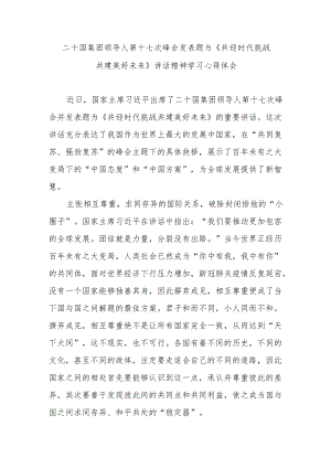 二十国集团领导人第十七次峰会发表题为《共迎时代挑战 共建美好未来》讲话精神学习心得体会3篇.docx