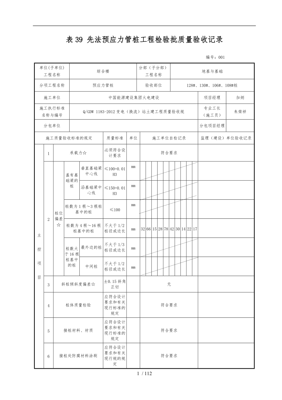 预应力管桩工程检验批质量验收记录文本.doc_第1页