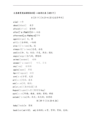 义务教育英语课程实用标准化二级词汇量.doc