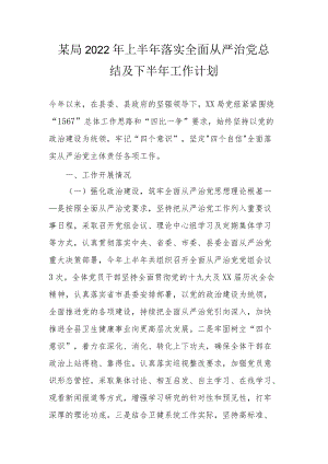 某局2022上半落实全面从严治党总结及下半工作计划.docx