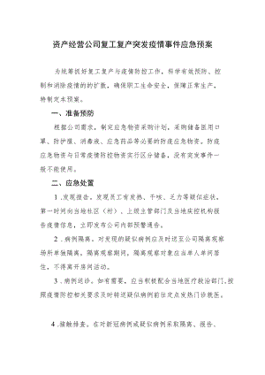 资产经营公司复工复产突发疫情事件应急预案.docx