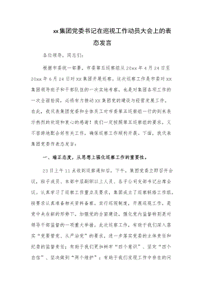 xx集团党委书记在巡视工作动员大会上的表态发言.docx