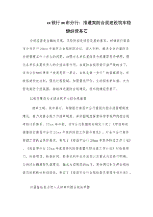 xx银行xx市分行：推进案防合规建设 筑牢稳健经营基石.docx