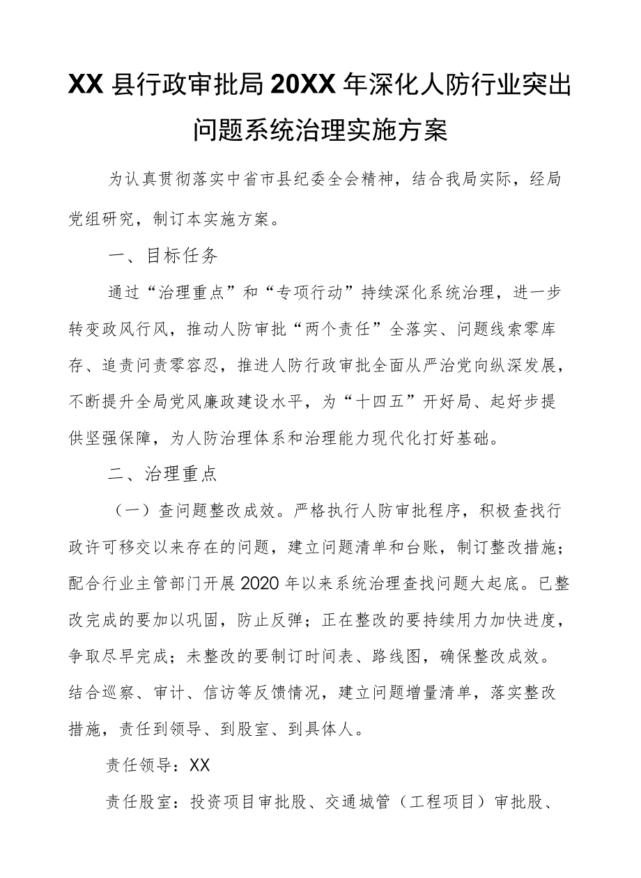 XX县行政审批局2021深化人防行业突出问题系统治理实施方案.docx_第1页