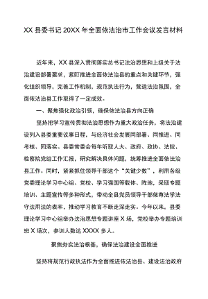 XX县委书记2021全面依法治市工作会议发言材料.docx