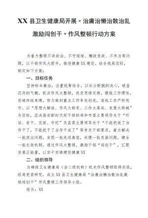 XX县卫生健康局开展“治庸治懒治散治乱激励闯创干”作风整顿行动方案.docx
