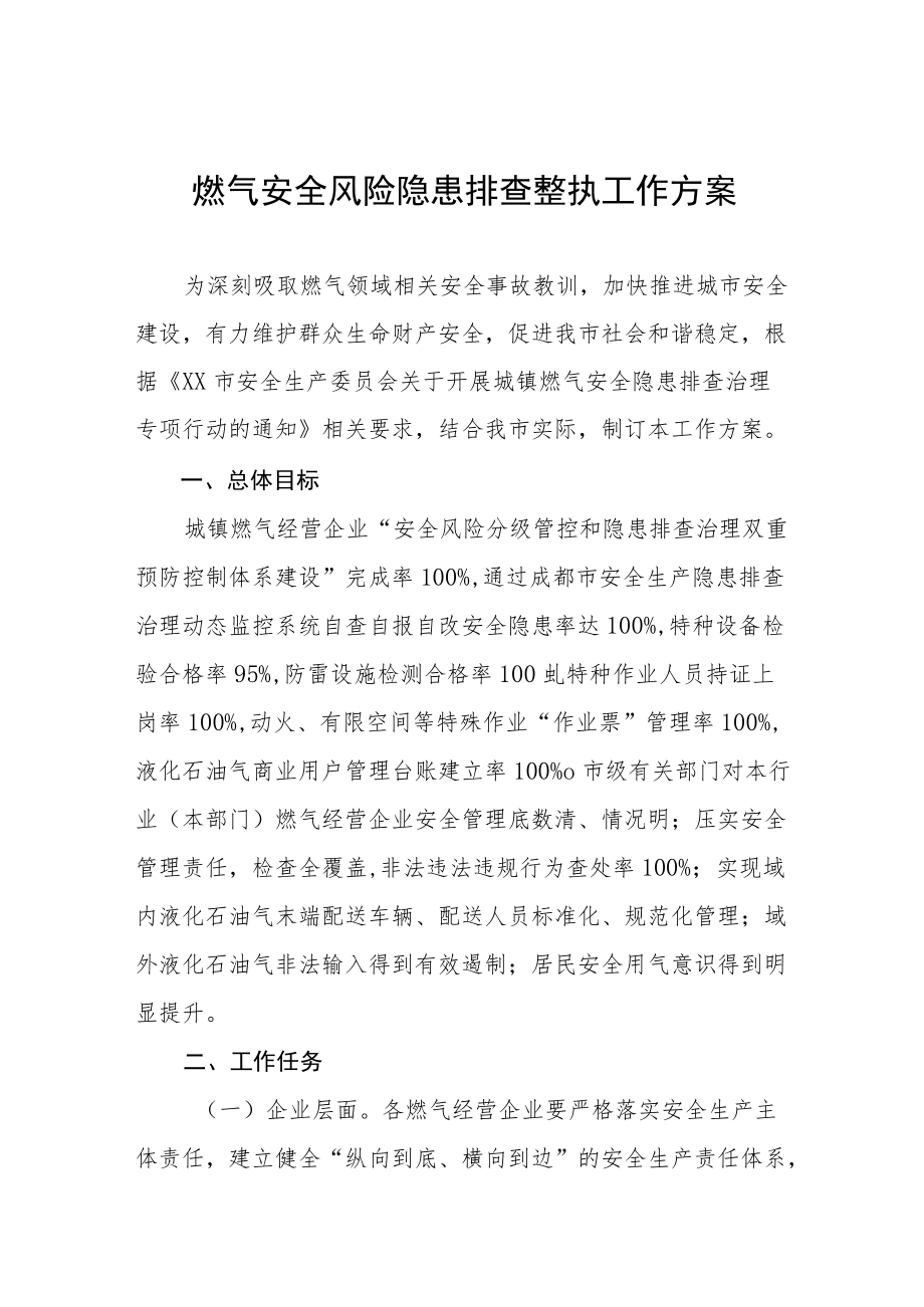 燃气安全风险隐患排查整治工作方案及工作情况汇报.docx_第1页