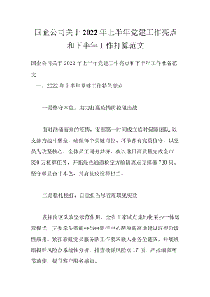 国企公司关于2022上半党建工作亮点和下半工作打算范文.docx