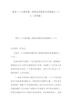 喜迎二十大演讲稿：砥砺奋进跟党走 青春献礼二十大（共两篇）.docx