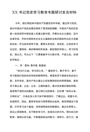 XX书记党史学习教育专题研讨发言材料.docx