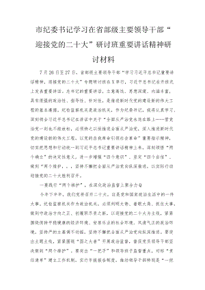 2022市纪委书记学习在省部级主要领导干部“迎接党的二十大”研讨班重要讲话精神研讨材料范文.docx