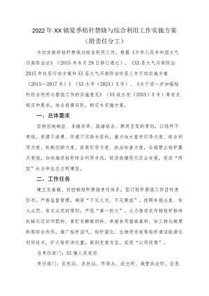 2022XX镇夏季秸秆禁烧与综合利用工作实施方案（附责任分工）.docx