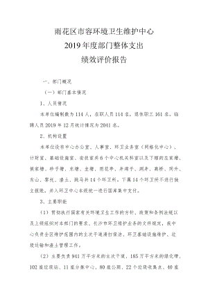 雨花区市容环境卫生维护中心2019年度部门整体支出绩效评价报告.docx