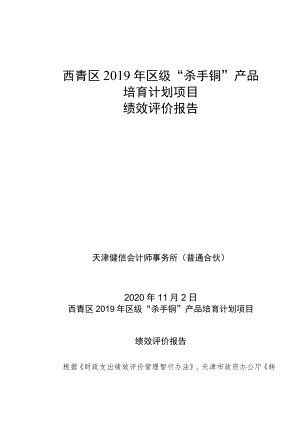西青区2019年区级“杀手锏”产品培育计划项目绩效评价报告.docx