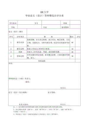 XX大学毕业论文（设计）答辩暨综合评分表.docx