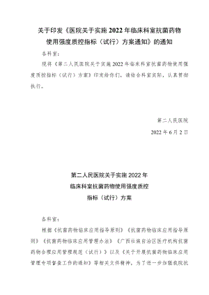 关于印发《医院关于实施2022年临床科室抗菌药物使用强度质控指标（试行）方案通知》的通知.docx