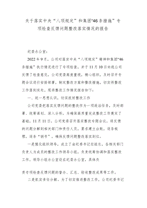 关于落实中央“八项规定”和集团“46条 措施”专项检查反馈问题整改落实情况的报告.docx