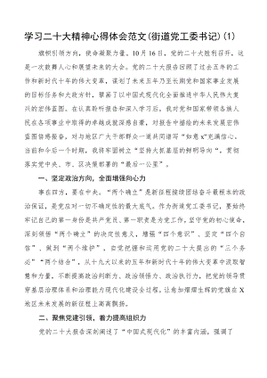 二十大精神心得体会范文15篇盛会报告研讨发言材料含街道党工委书记社区党委书记区党代表基层党支部书记党组织书记办事处.docx