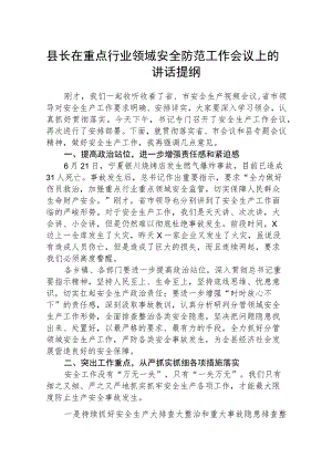 县长在重点行业领域安全防范工作会议上的讲话提纲（共5篇）.docx