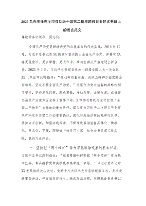 2023某办主任在全市县处级干部第二批主题教育专题读书班上的发言范文.docx
