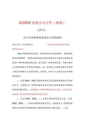 关于任命特种设备相关人员的通知（模板）.docx