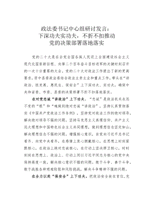 政法委书记中心组研讨发言：下深功夫实功夫不折不扣推动党的决策部署落地落实.docx