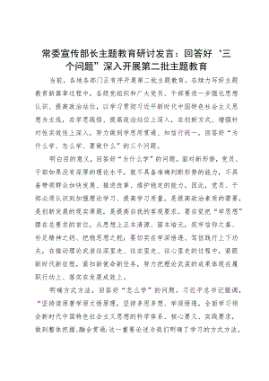 常委宣传部长在主题教育研讨会上的发言：回答好“三个问题” 推动主题教育走深走实.docx