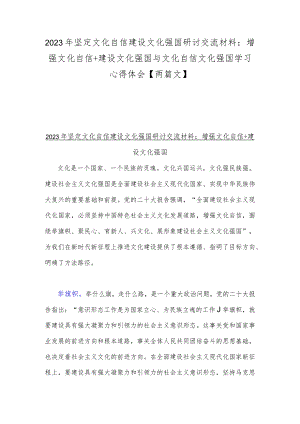 2023年坚定文化自信建设文化强国研讨交流材料：增强文化自信+建设文化强国与文化自信文化强国学习心得体会【两篇文】.docx