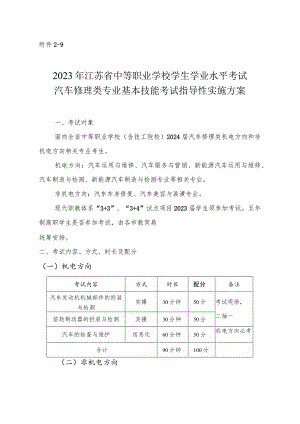 2023年江苏省中等职业学校学生学业水平考试汽车修理类专业基本技能考试指导性实施方案.docx