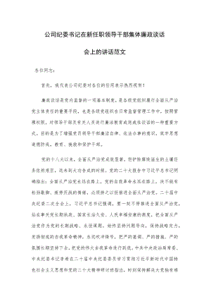 公司纪委书记在新任职领导干部集体廉政谈话会上的讲话范文.docx
