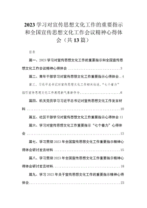 2023学习对宣传思想文化工作的重要指示和全国宣传思想文化工作会议精神心得体会13篇（精编版）.docx
