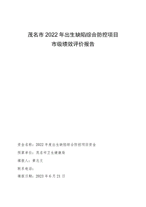 茂名市2022年出生缺陷综合防控项目市级绩效评价报告.docx