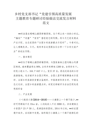 乡村党支部书记“党建引领高质量发展”主题教育专题研讨经验做法交流发言材料范文.docx